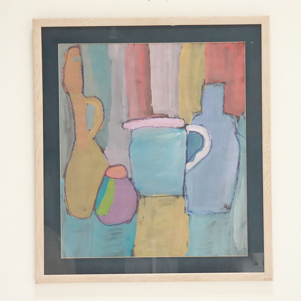Mid-century style naive still life painting of vessels
