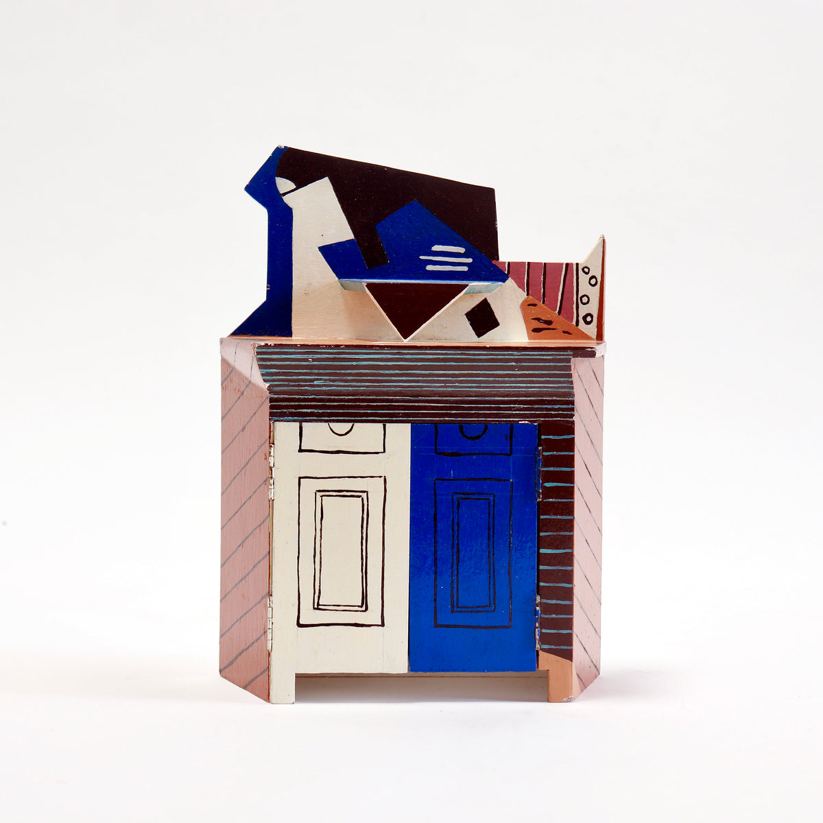 Handmade miniature cupboard after Picasso with blue and cream doors
