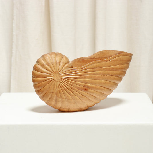 Carved wooden shell catchall with radiating grooves, side view