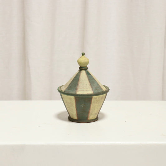 Small striped studio pottery lidded pot with conical lid and finial.