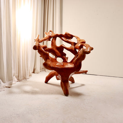 Vintage root wood armchair with organic openwork back
