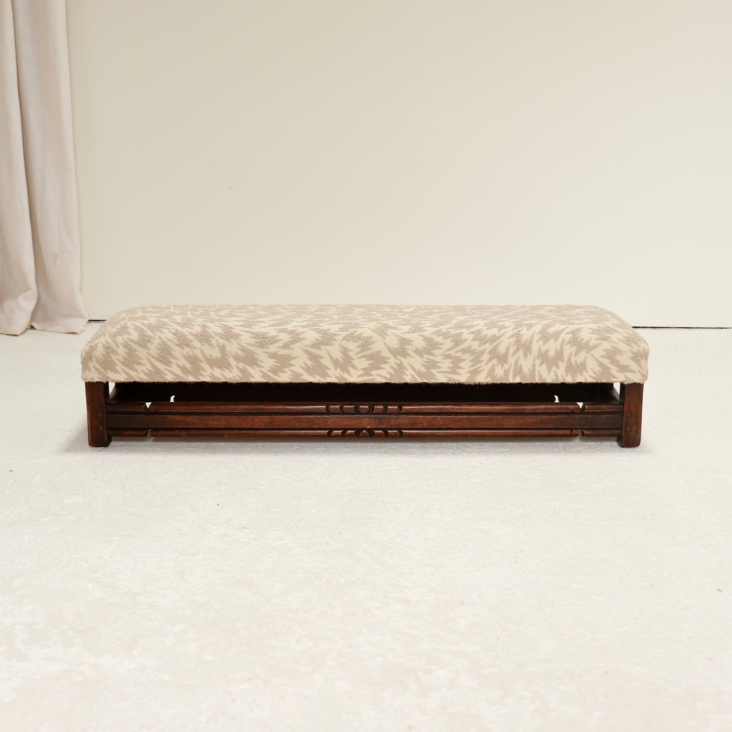 Vintage oak stool reupholstered in geometric jacquard textile