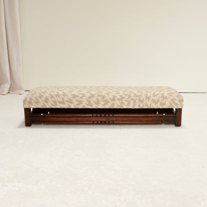 Vintage oak stool reupholstered in geometric jacquard textile