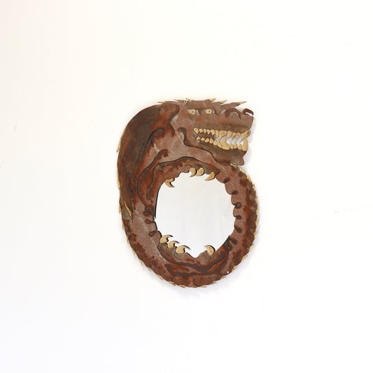 Torch-cut steel dragon mirror with brass teeth and claws