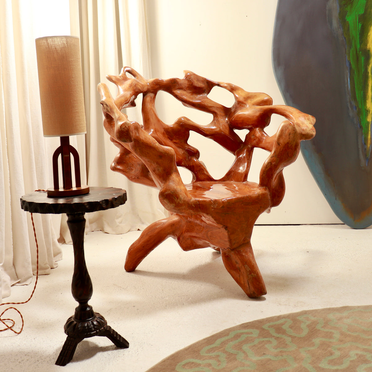Vintage sculptural root wood armchair with biomorphic pierced back

