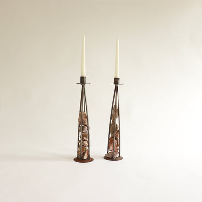 Brutalist steel candle holders with raw stone core