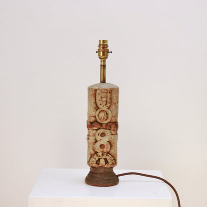 Bernard Rooke stoneware totem table lamp with natural linen shade, front view