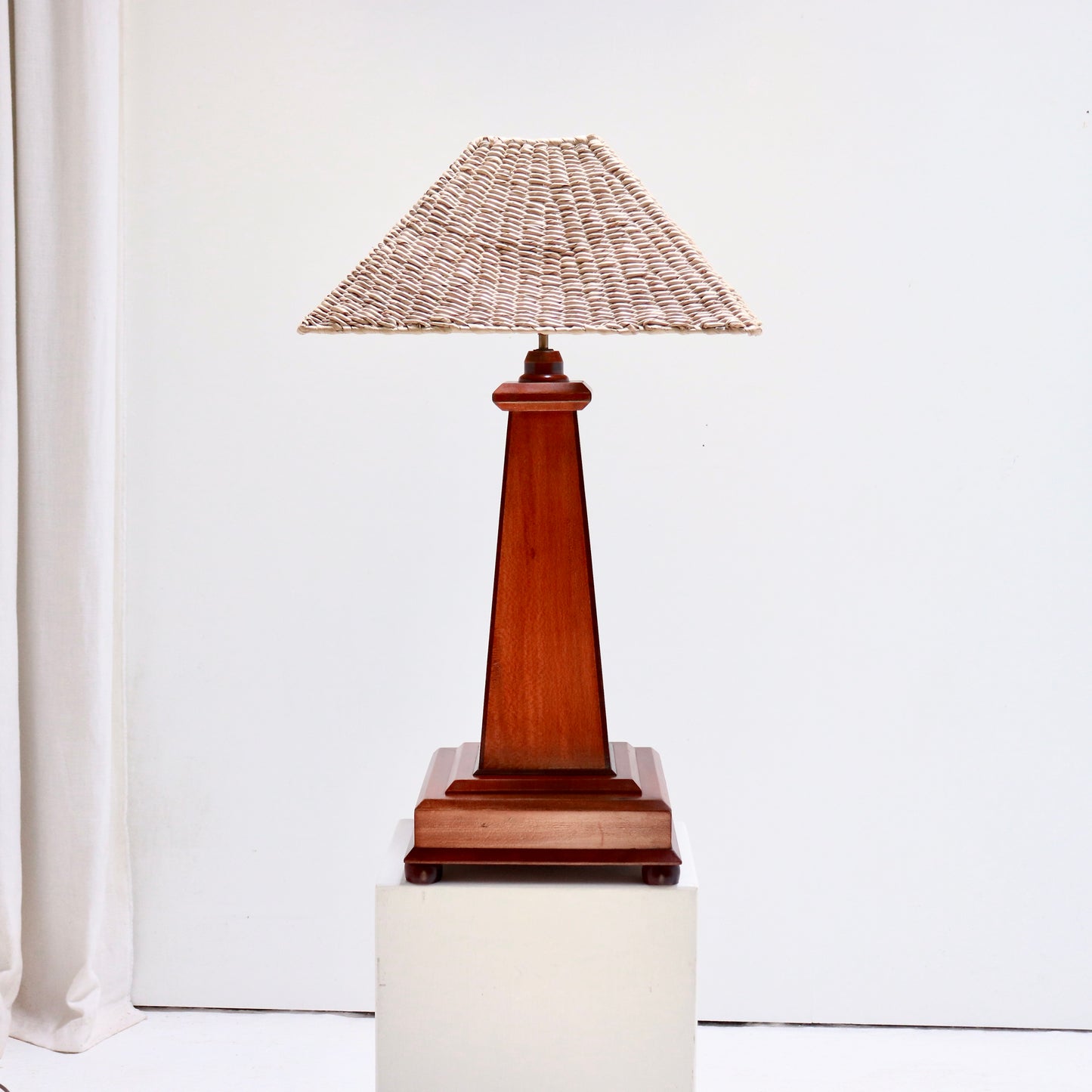 Large Art Deco style wooden table lamp with woven shade