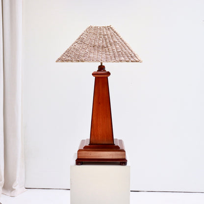 Large Art Deco style wooden table lamp with woven shade