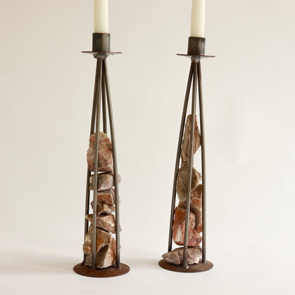 Pair of vintage stone and metal candle sticks
