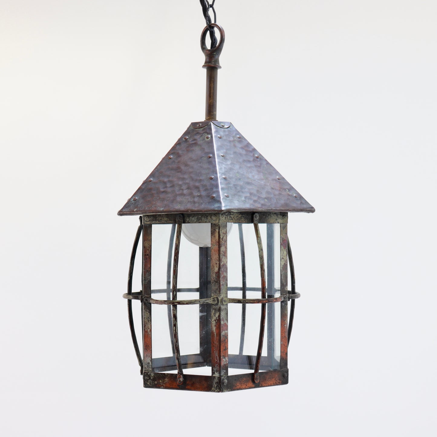 Arts and Crafts copper lantern pendant with hammered canopy