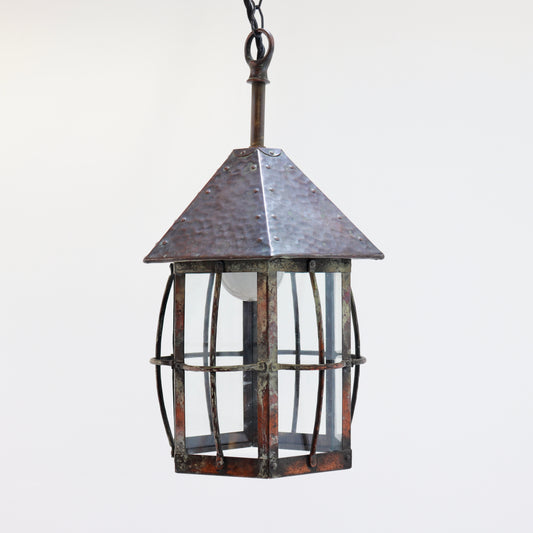 Arts and Crafts copper lantern pendant with hammered canopy