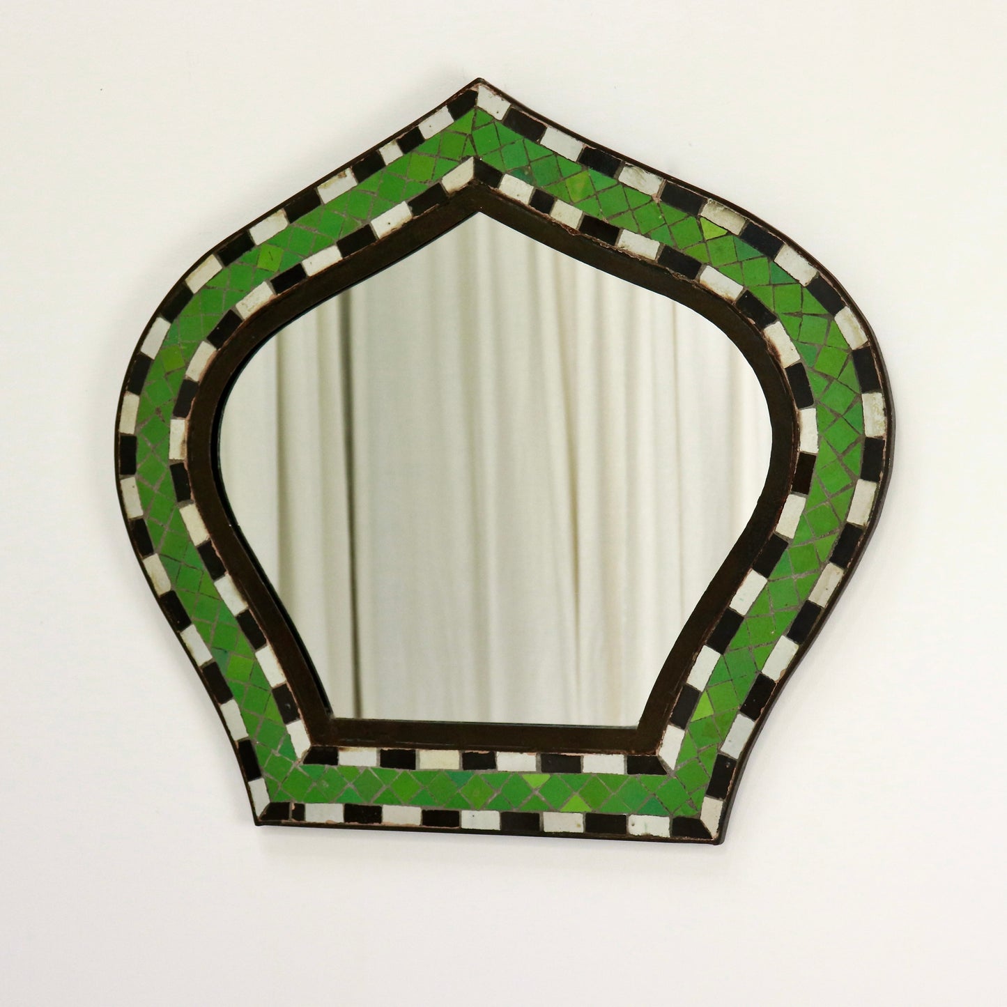 Vintage Moorish-style mirror with green ceramic mosaic frame
