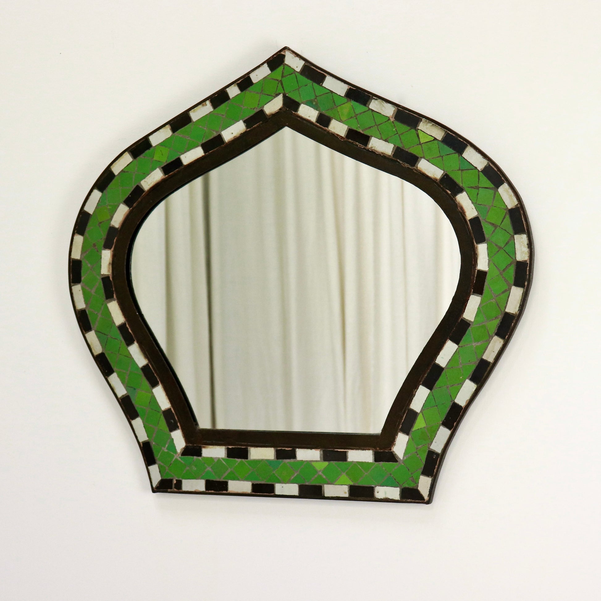 Vintage Moorish-style mirror with green ceramic mosaic frame