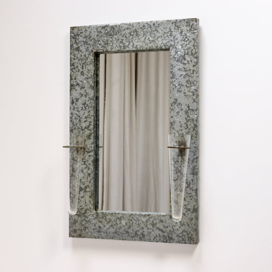 Galvanised steel mirror with twin glass wall vases
