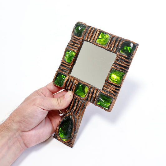 Creaciones Gobesso hand mirror with green Murano glass and textured gilded frame