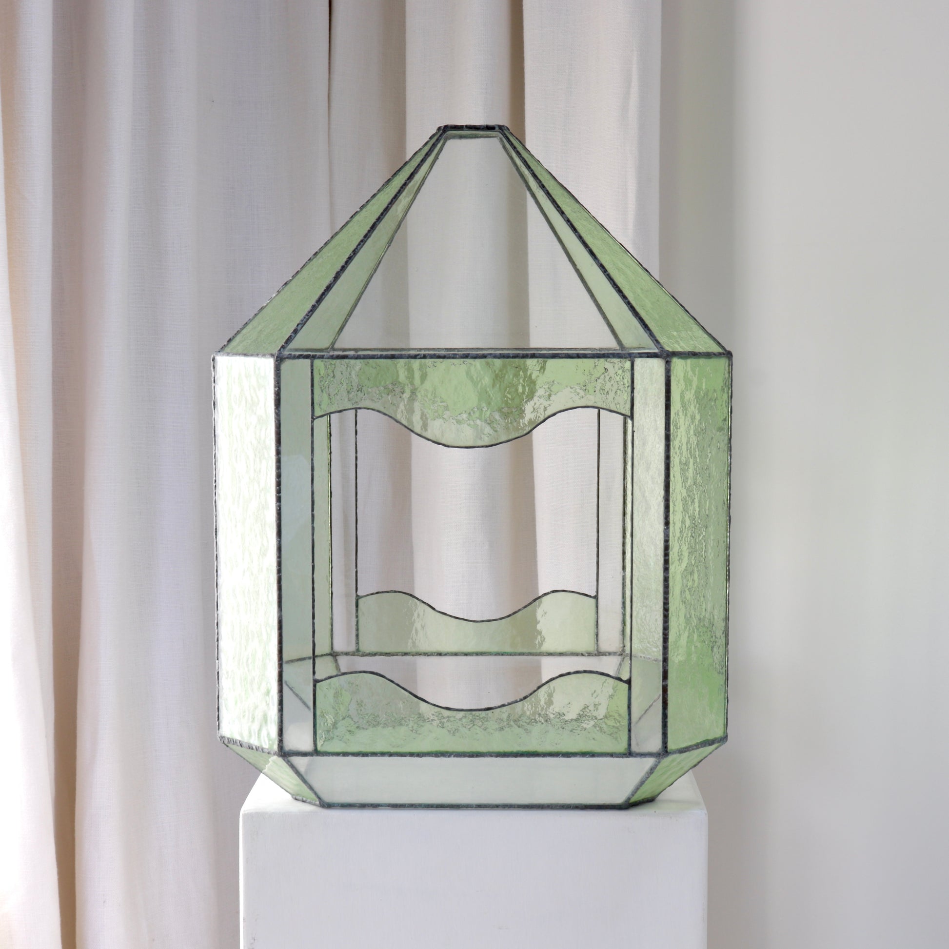 Architectural glass terrarium in pale green textured glass