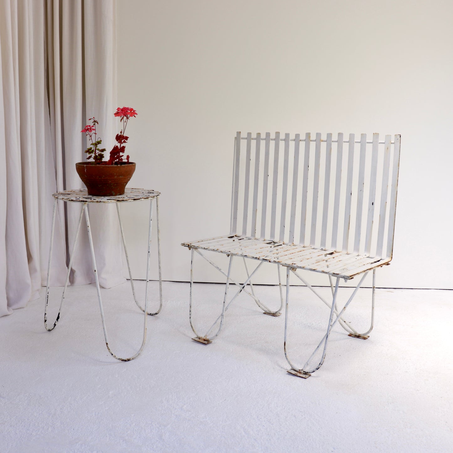 Vintage French iron strap bench and table