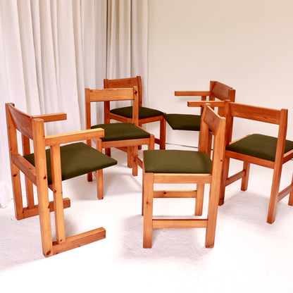Vintage pine trestle dining table with six chairs