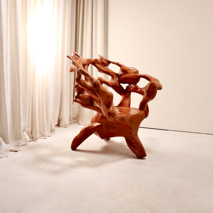 Organic freeform root wood chair viewed from the side
