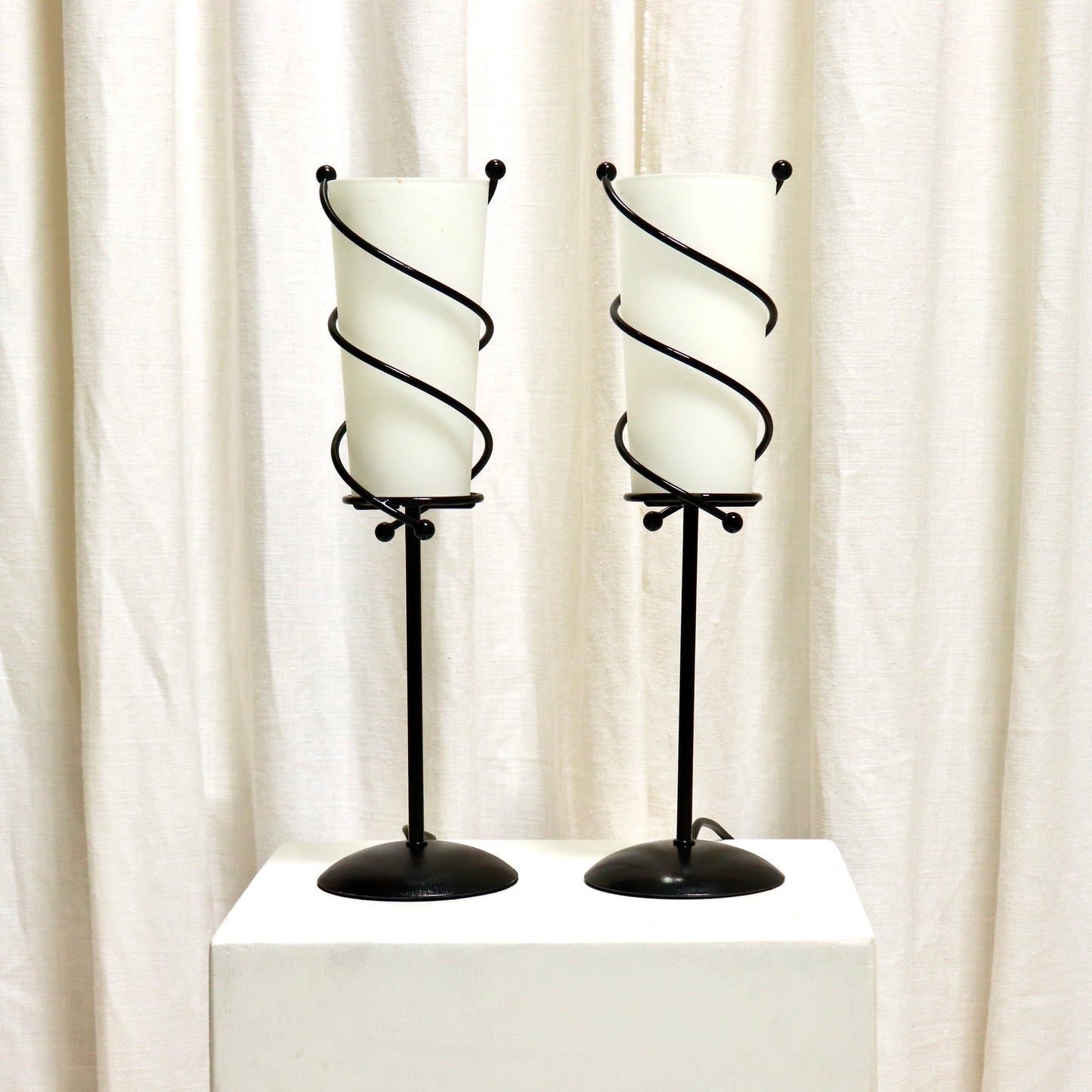 Pair of Spiral-Wrap Table Lamps with Frosted Glass Shades, c. late 20th century