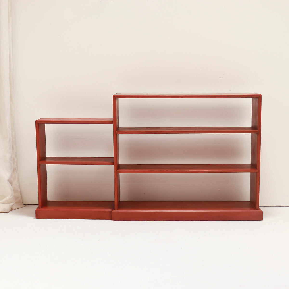Front view of the scratch-built shelves with two lower and three taller compartments