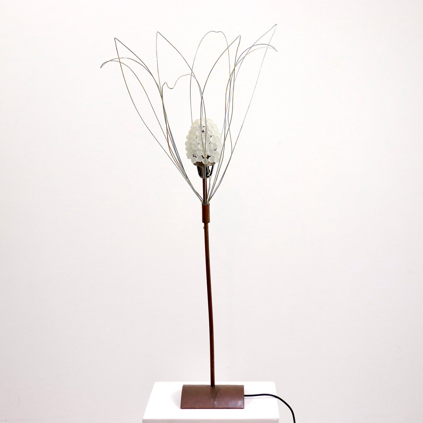 Sculptural copper lamp with handmade frosted glass grape shade
