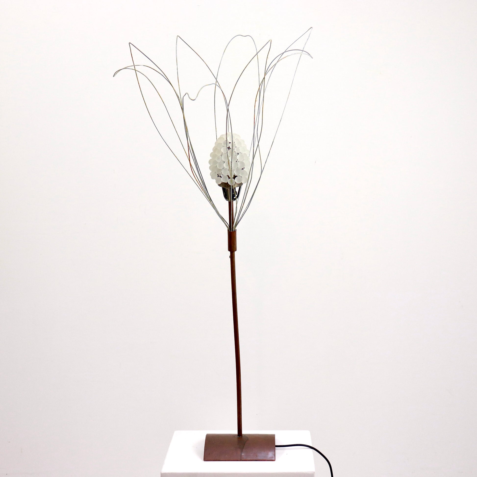 Sculptural copper lamp with handmade frosted glass grape shade
