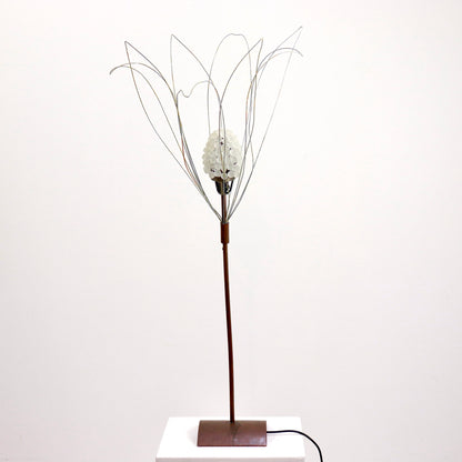 Sculptural copper lamp with handmade frosted glass grape shade