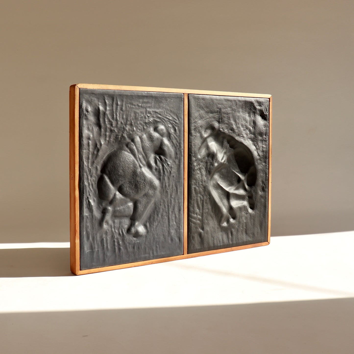 Embossed leather diptych reclining nude wall artwork