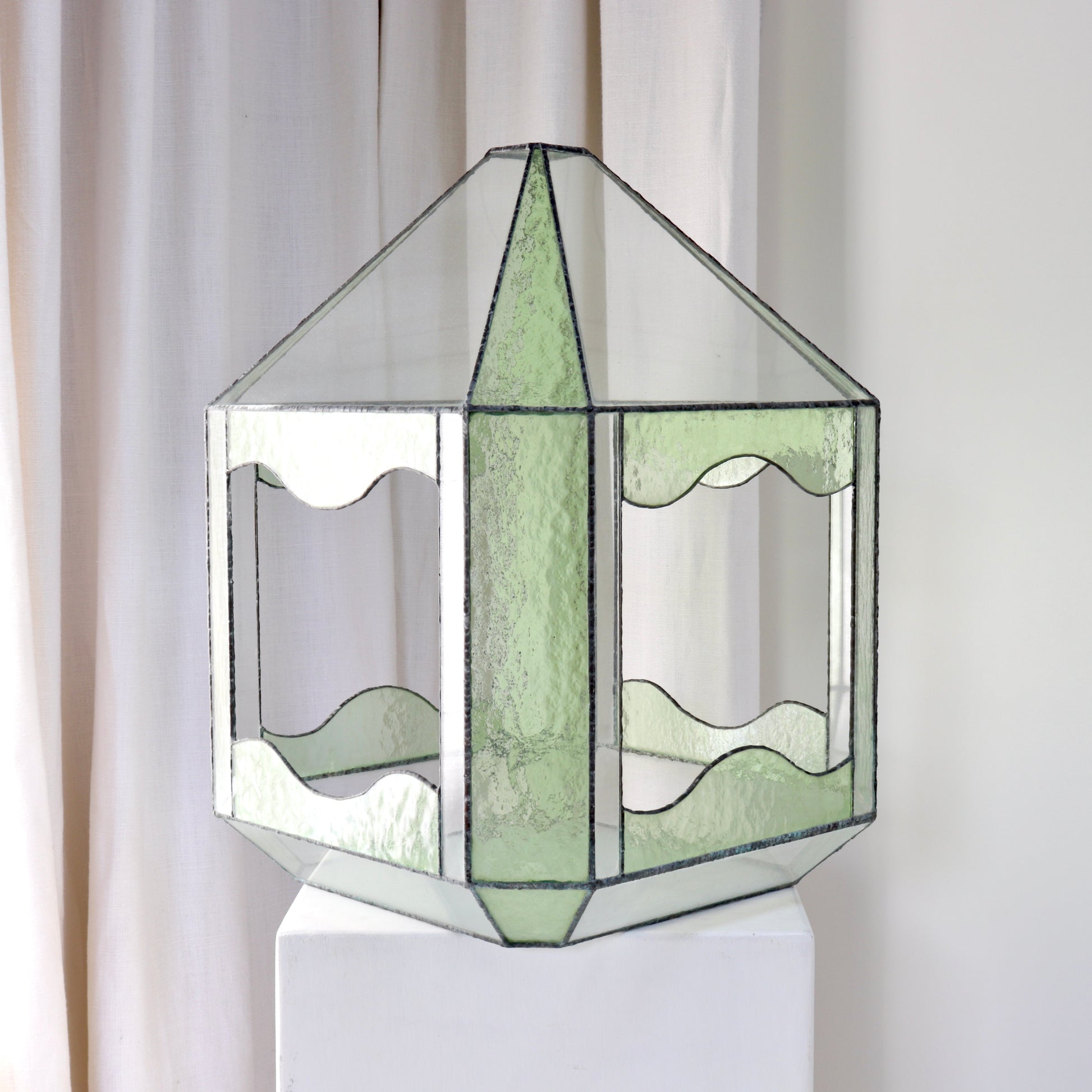 Early 20th century leaded glass terrarium with faceted roof