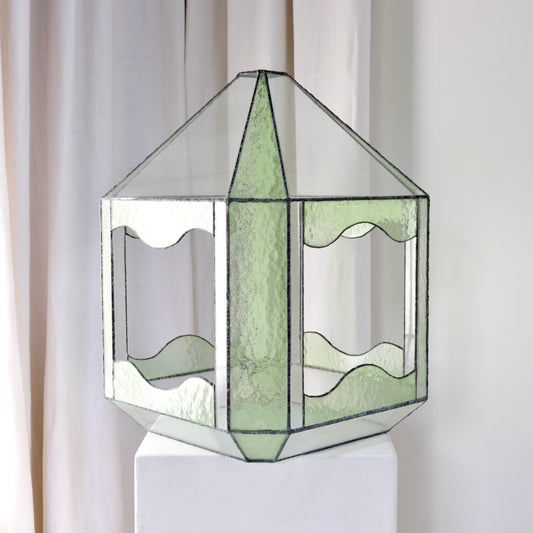 Early 20th century leaded glass terrarium with faceted roof