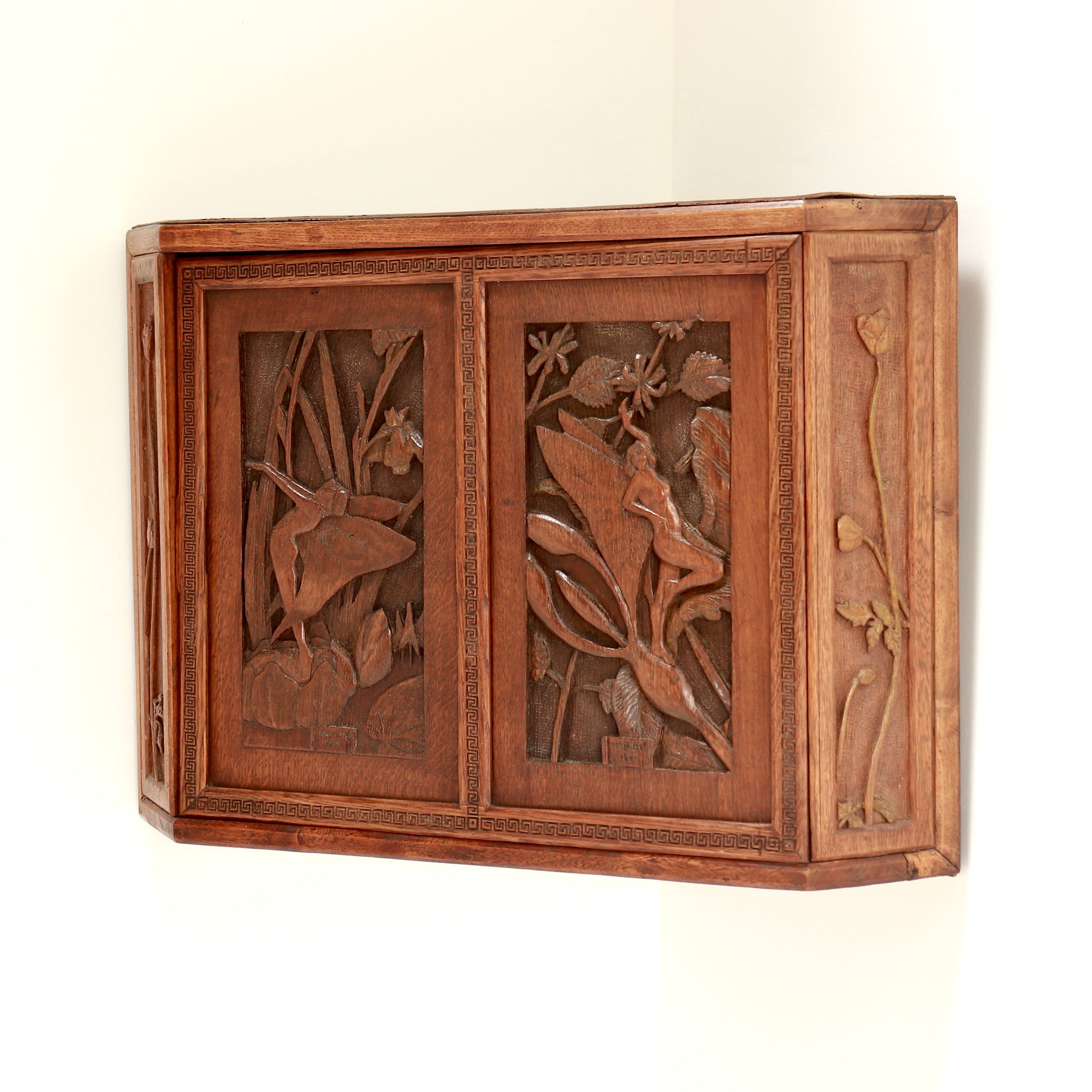 Rustic handmade corner cabinet with Art Nouveau influence