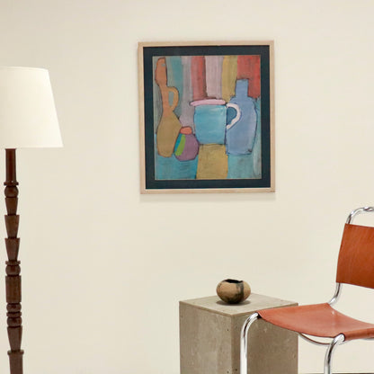 Gouache still life painting displayed in contemporary interior
