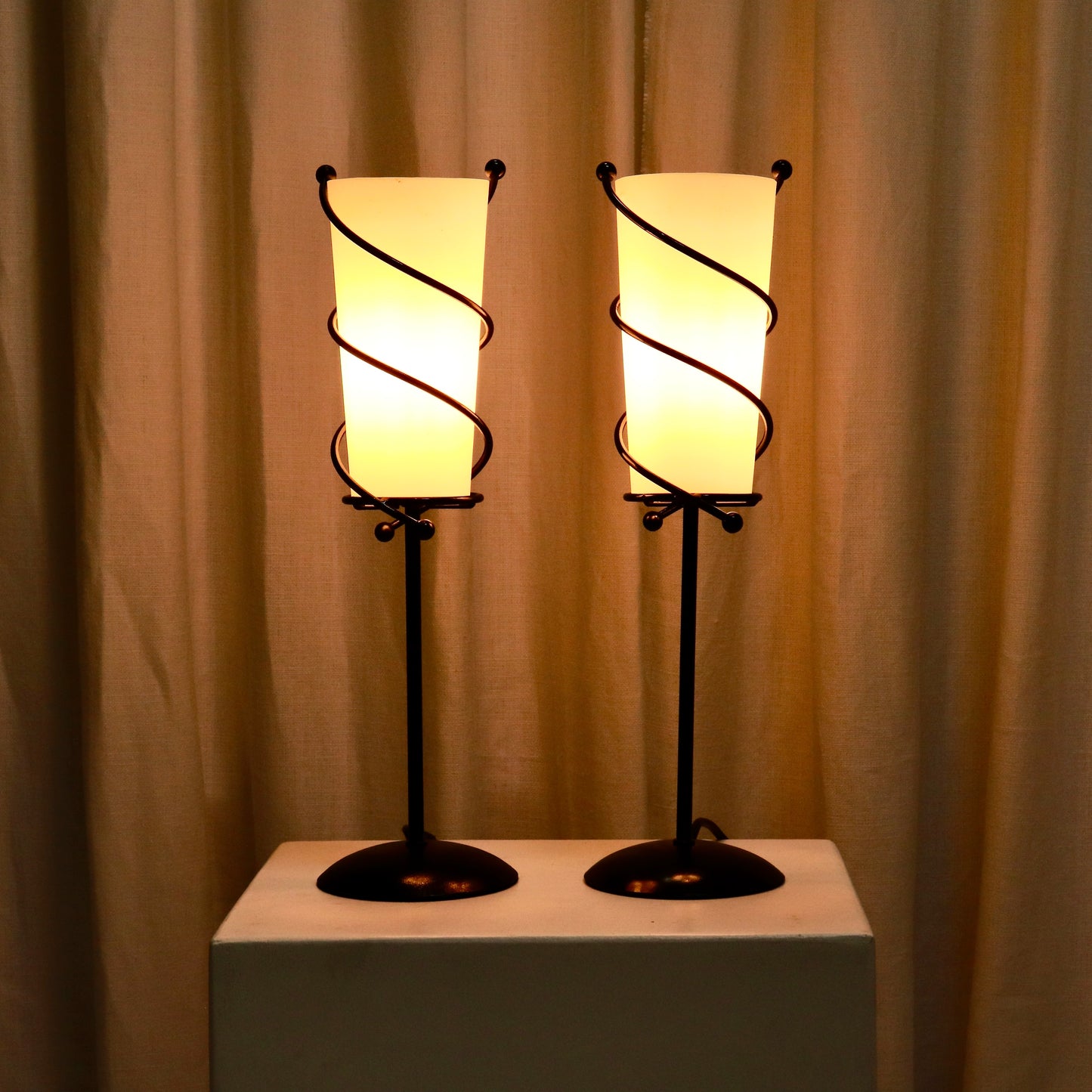 Pair of Spiral-Wrap Table Lamps with Frosted Glass Shades, c. late 20th century