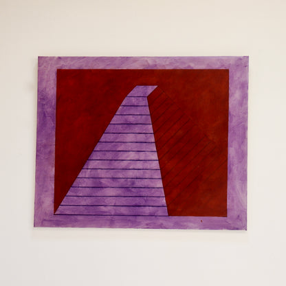 Square Pyramid, Capped by John Mitchell displayed on a white wall, showing its violet geometric form and deep red background.