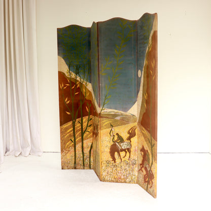 Mid-century batik room divider with riders and trees