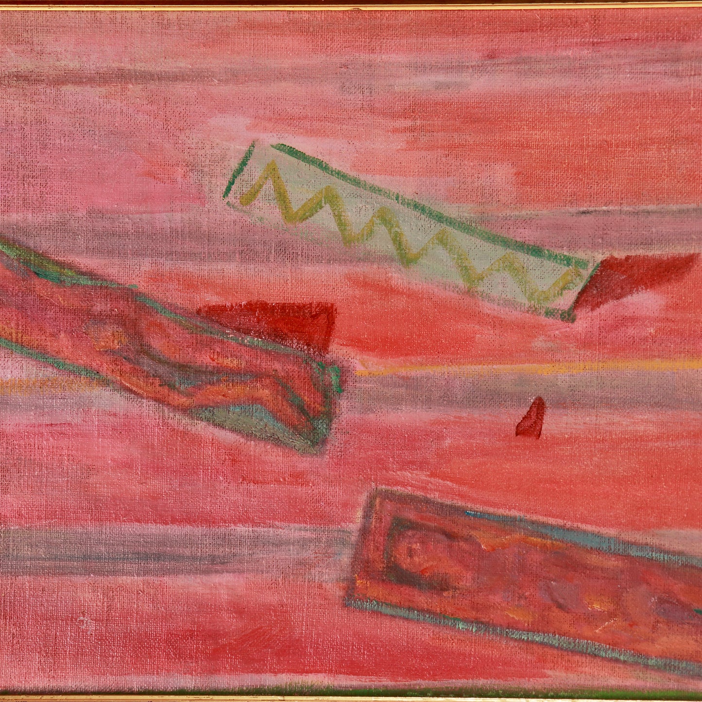 Abstract coastal artwork with figures reclining on beach towels