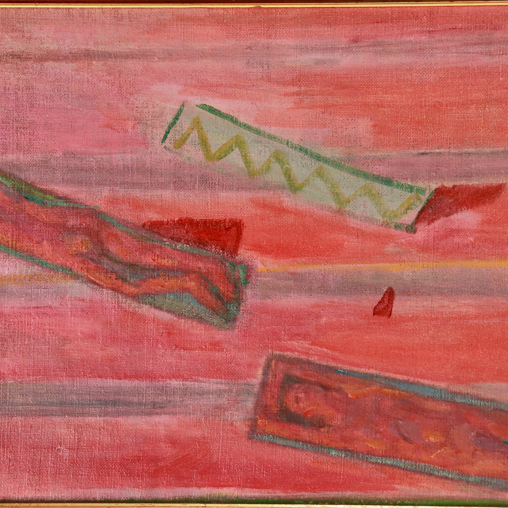 Abstract coastal artwork with figures reclining on beach towels