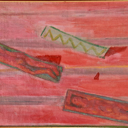 Abstract coastal artwork with figures reclining on beach towels