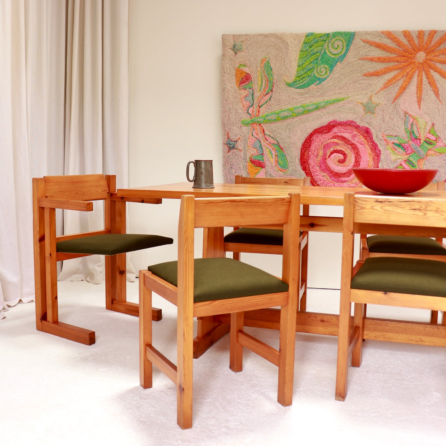 Mid-century Scandinavian pine dining table and six chairs