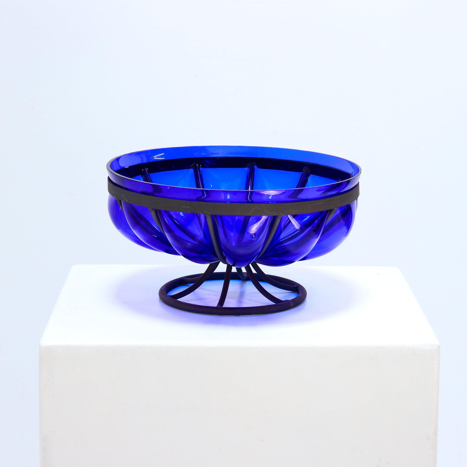 Vintage cobalt glass centrepiece bowl with metal frame