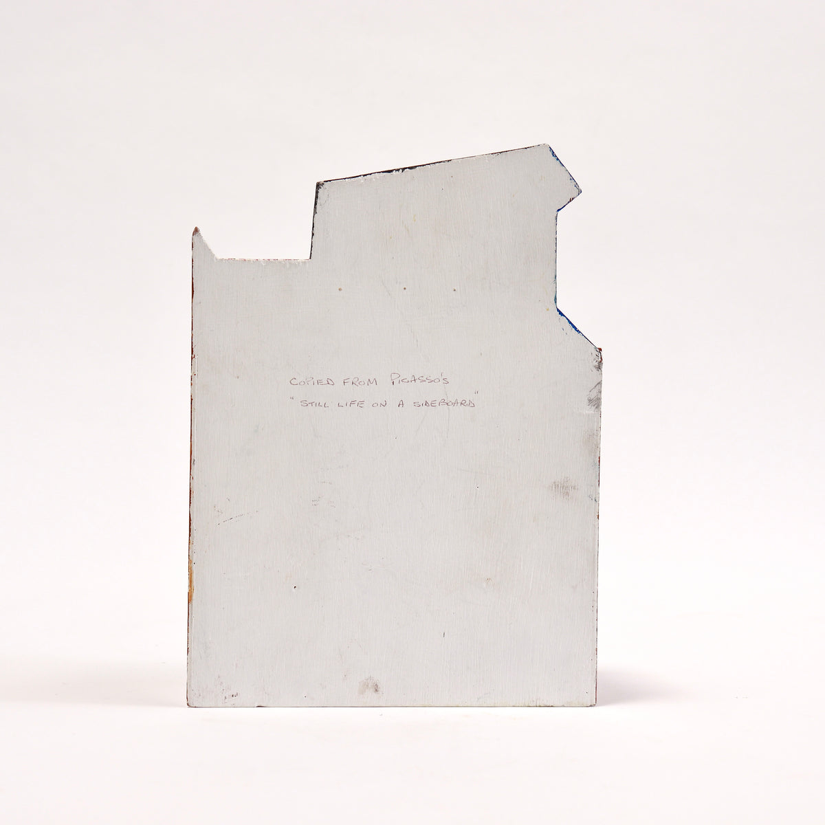 Handwritten note on the back reading copied from Picasso’s Still Life on a Sideboard