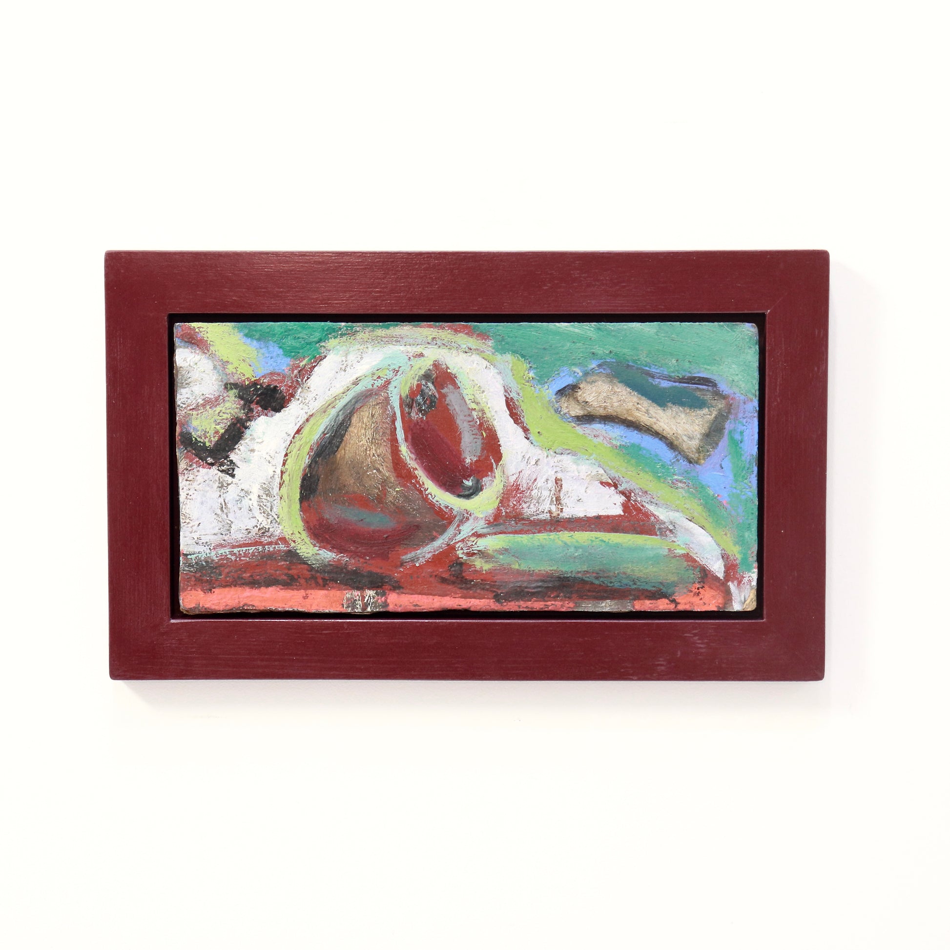 Mid-century abstract oil painting in burgundy frame