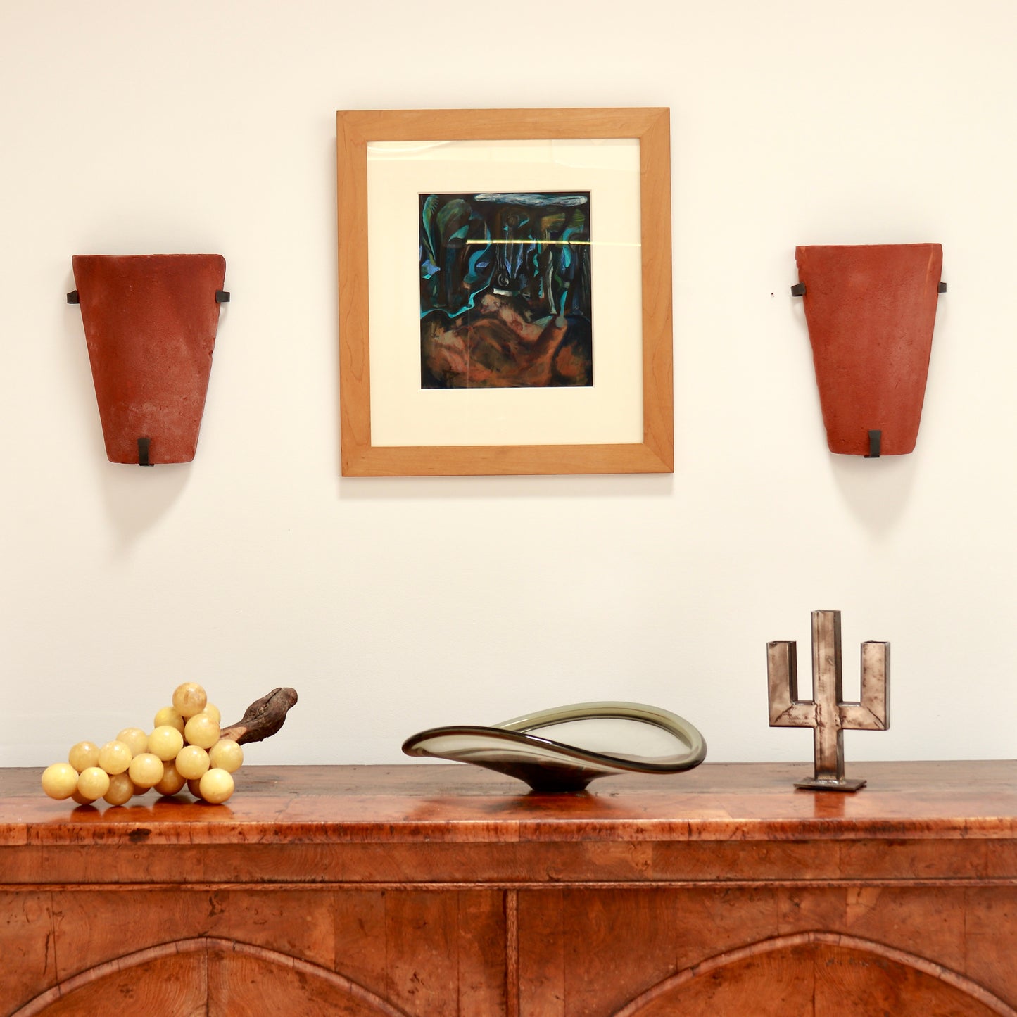 Pair of terracotta pan tile wall lights mounted on wall