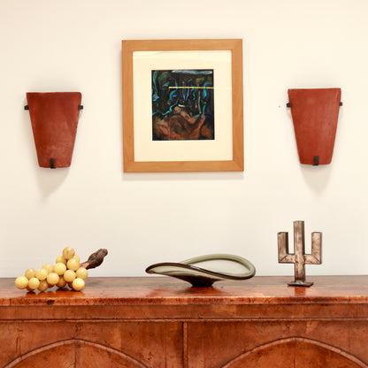 Pair of terracotta pan tile wall lights mounted on wall