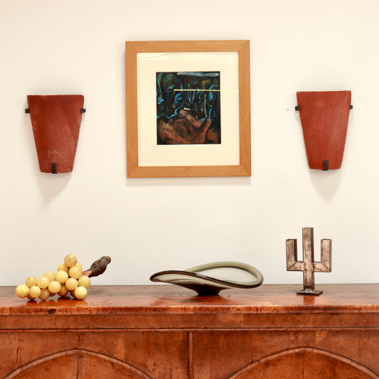 Pair of terracotta pan tile wall lights mounted on wall