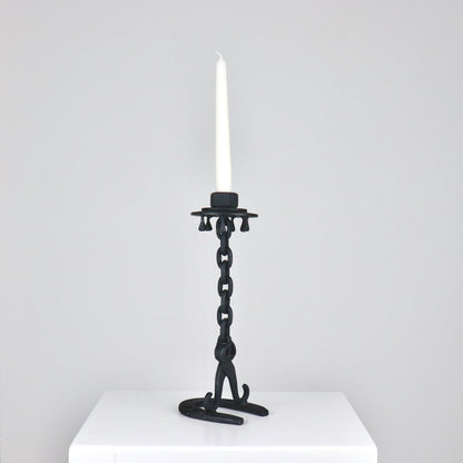Blacksmith-made forged iron candlestick with chain link stem, height 31 cm