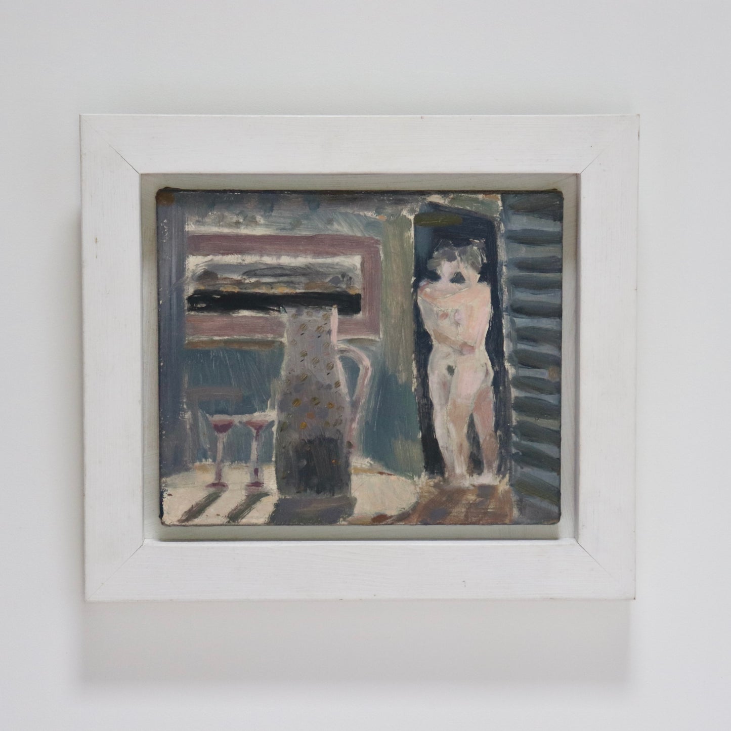 Framed oil painting titled "Two Women" by Richard Ayling, 1994. Two abstracted nude figures in an interior setting with jug and glasses.