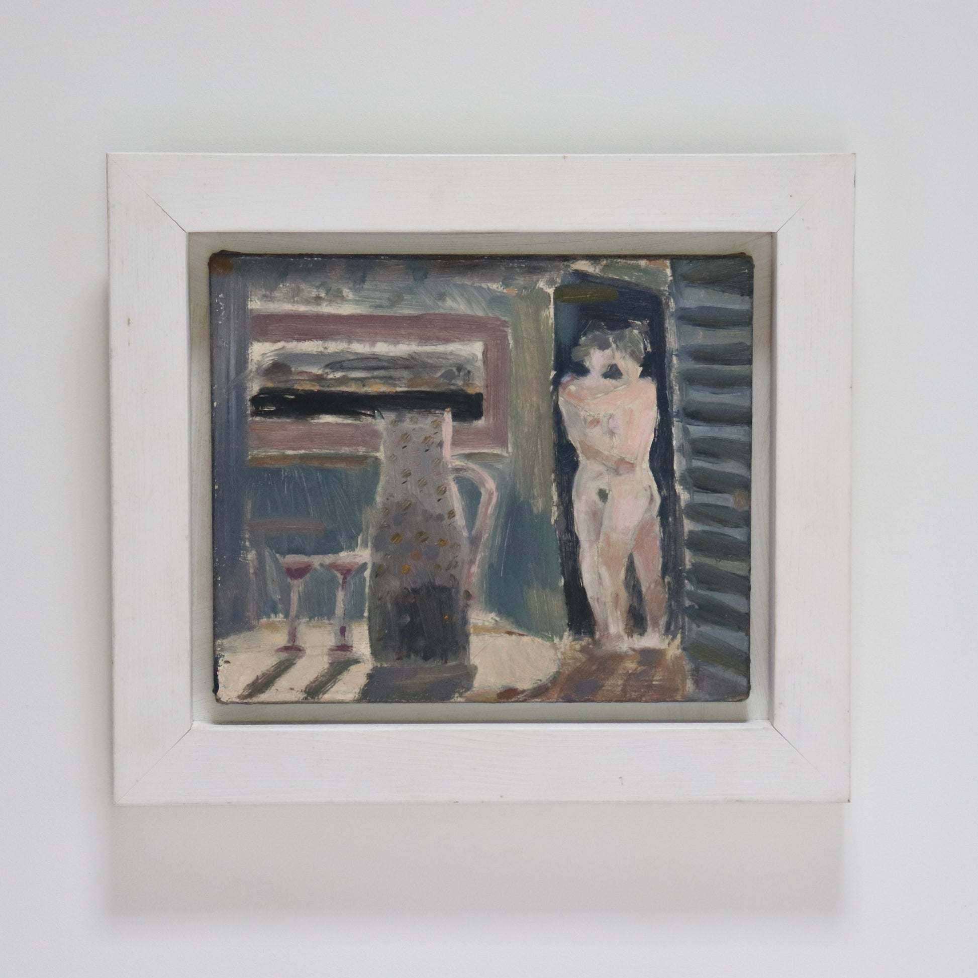 Framed oil painting titled "Two Women" by Richard Ayling, 1994. Two abstracted nude figures in an interior setting with jug and glasses.